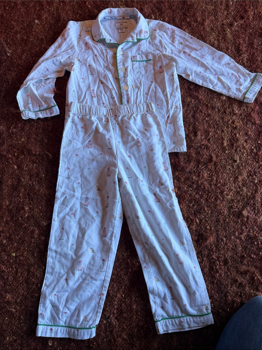 Kids White Two-Piece Pajama Set with Pink Print and Green Trim